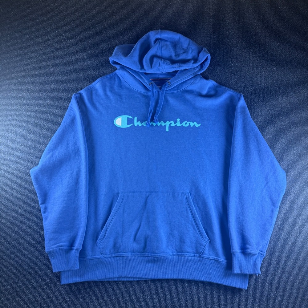 Champion Mens Powerblend Blue Script Logo Hoodie Sweatshirt AWF74H Size 1X